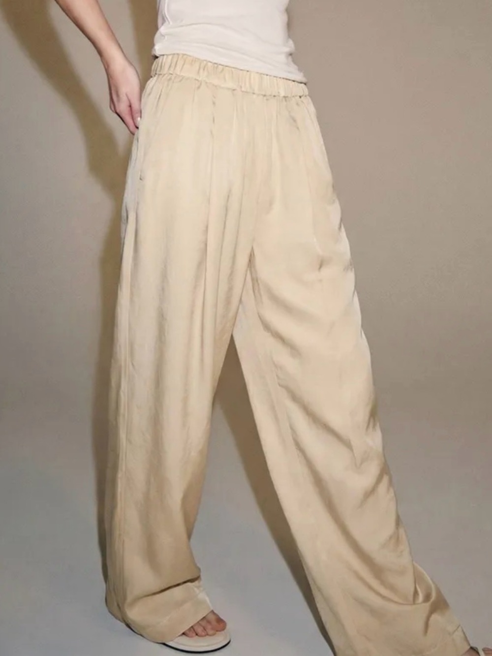 Women's Wide-Leg Elastic Waist Pants in Beige